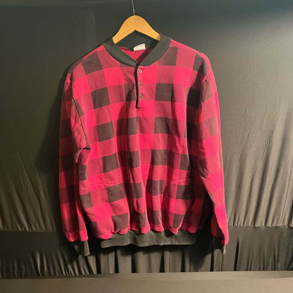 Vintage AU Sportswear Pink and Black Plaid Long Sleeve Henley Sweatshirt